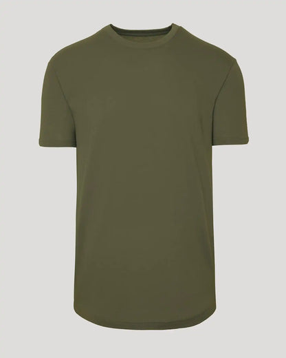 Military Green Curved Hem Classic Crew Neck