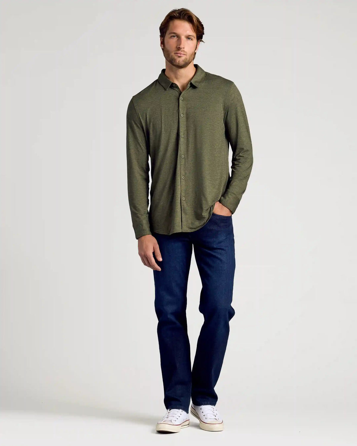 Dark Heather Military Green Long Sleeve Do-It-All Comfort Shirt