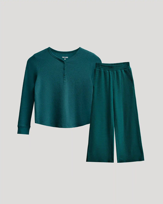 Girls Deep Emerald Waffle Long Sleeve Henley & Waffle Leg Pants 2-Pack