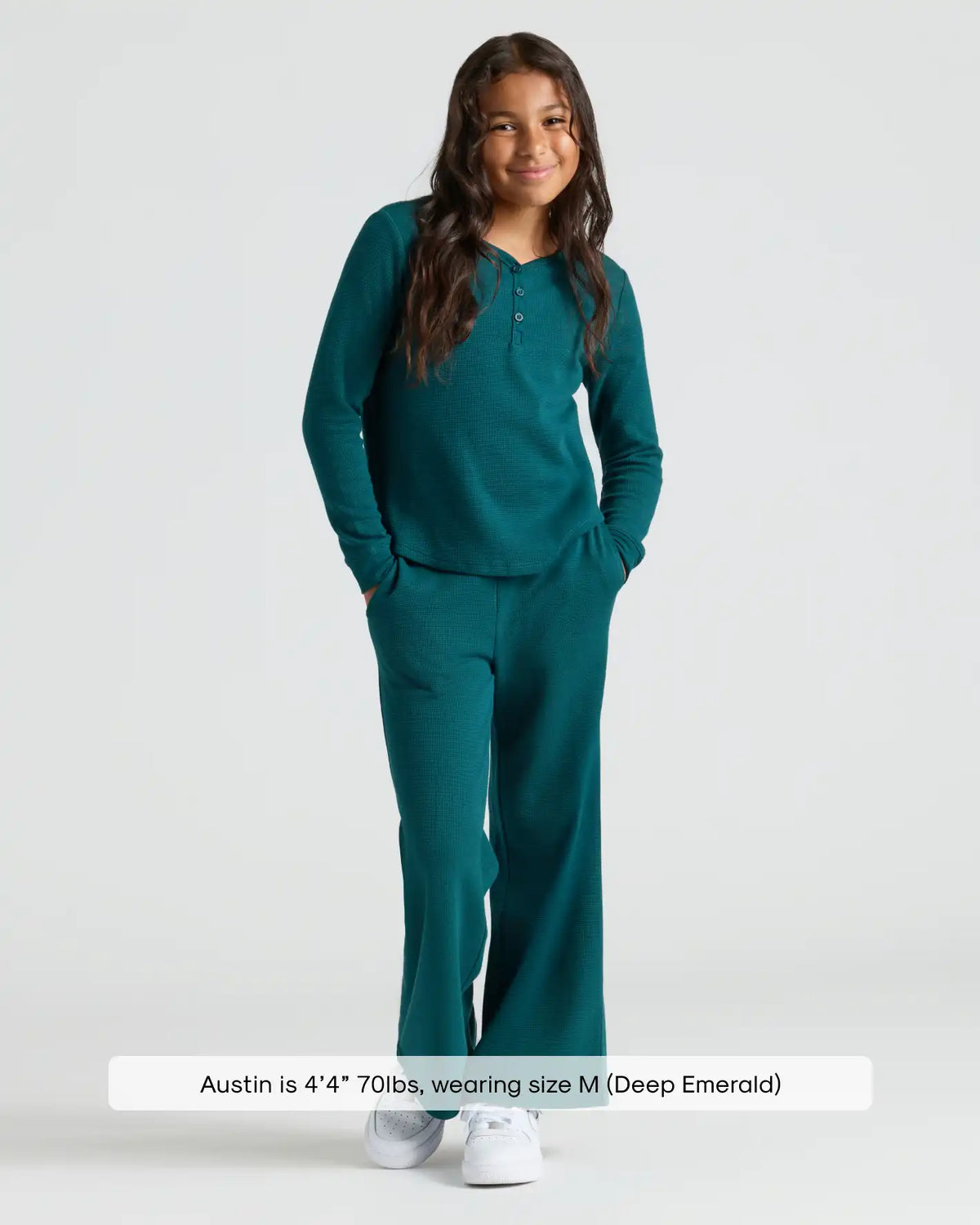 Girls Deep Emerald Long Sleeve Boxy Waffle Henley