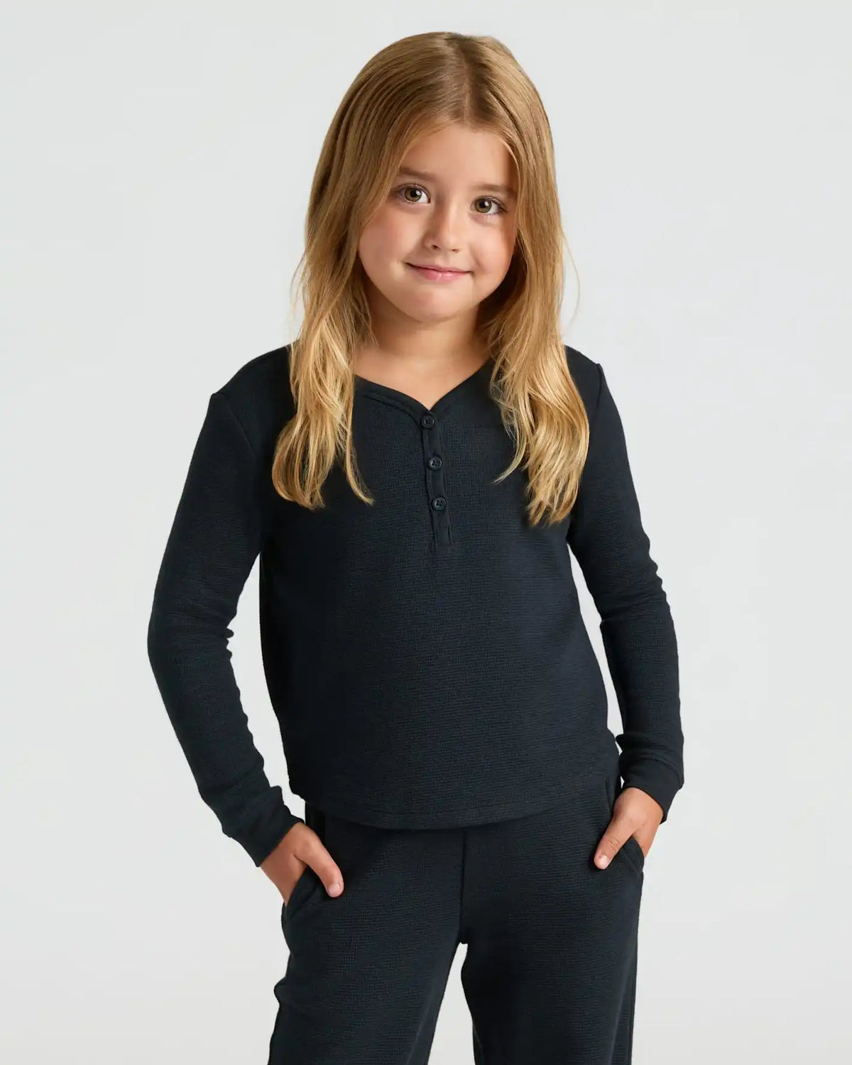 Girls Black Long Sleeve Boxy Waffle Henley