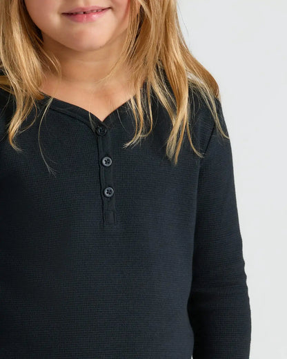 Girls Black Long Sleeve Boxy Waffle Henley