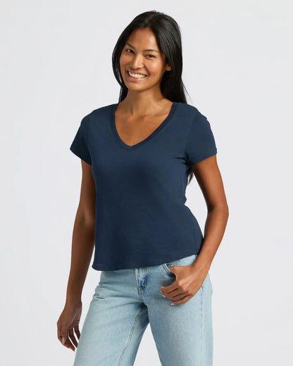 Womens Navy Relaxed Slub V-Neck Tee