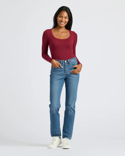 Womens Dark Maroon Ribbed Long Sleeve Scoop Neck Tee