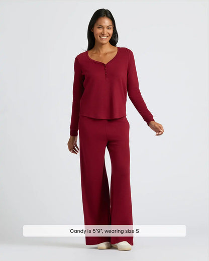 Womens Dark Maroon Waffle Long Sleeve Henley & Waffle Leg Pant 2-Pack
