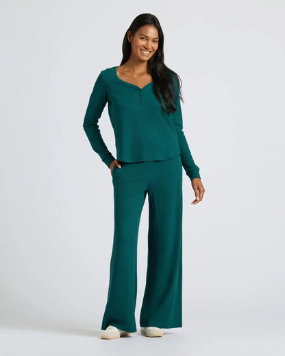 Womens Deep Emerald Waffle Long Sleeve Boxy Henley
