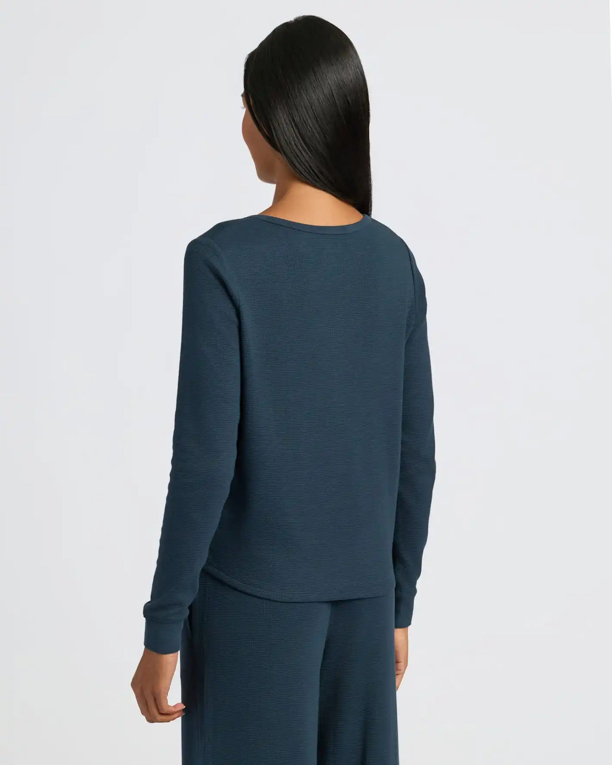 Womens Navy Waffle Long Sleeve Boxy Henley