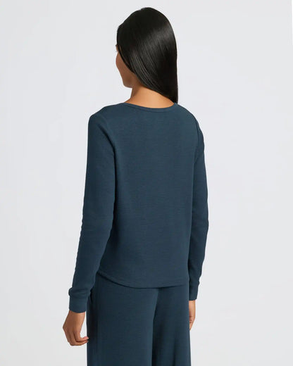 Womens Navy Waffle Long Sleeve Boxy Henley